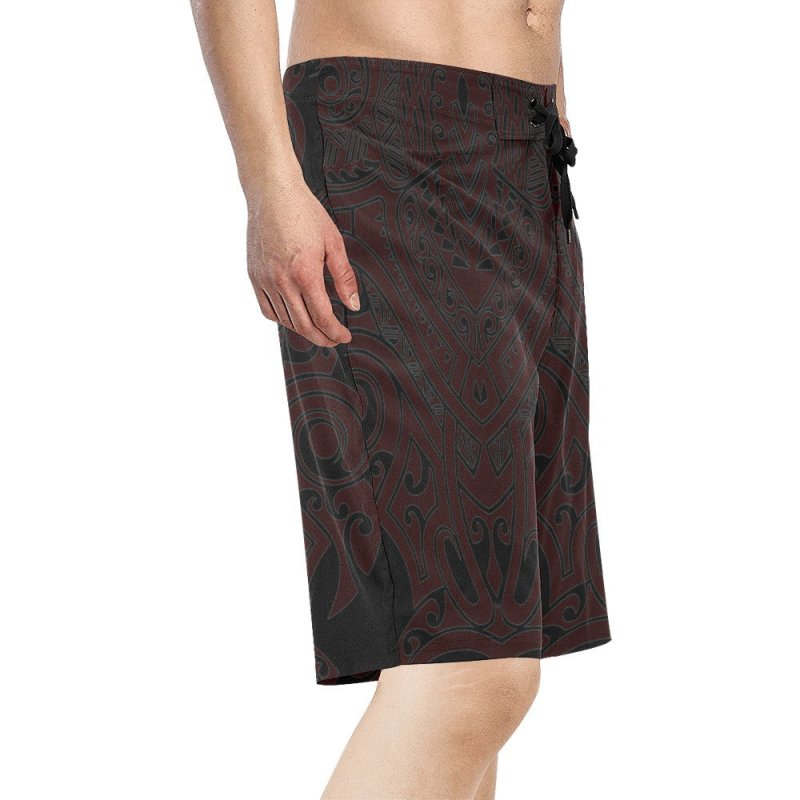 Men's All Over Print Beach Shorts (Model L16) - Maori hieratic style dark red