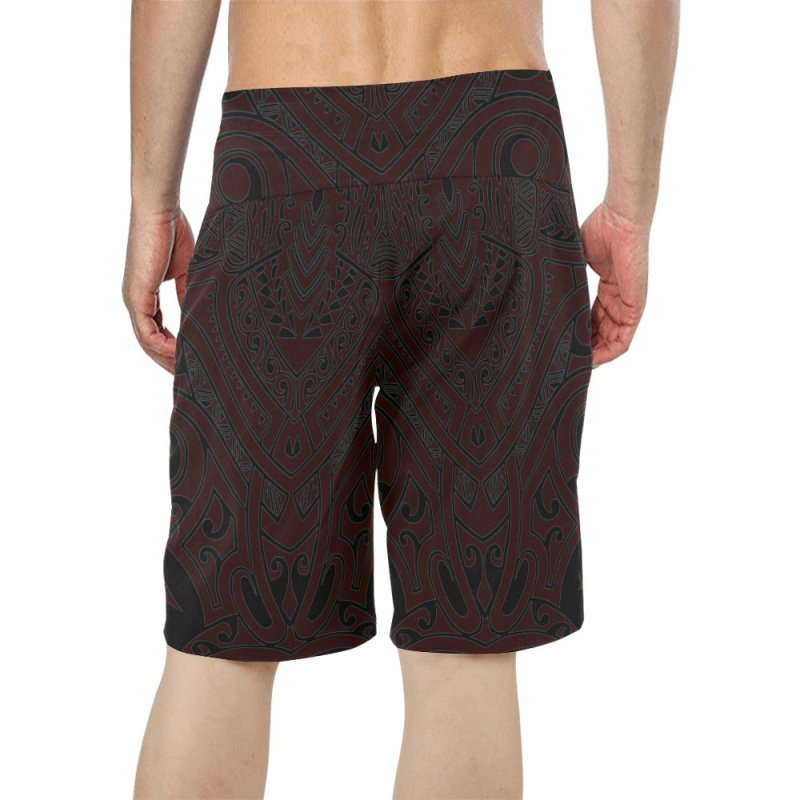 Men's All Over Print Beach Shorts (Model L16) - Maori hieratic style dark red