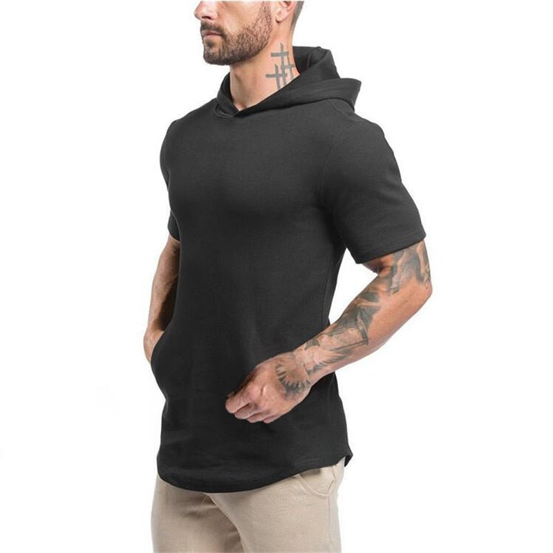 Mens Bodybuilding Hoodies Men Gyms Hooded Short Sleeve Fitness Clothing Muscle T Shirt Slim Solid Cotton Pullover Sweatshirt