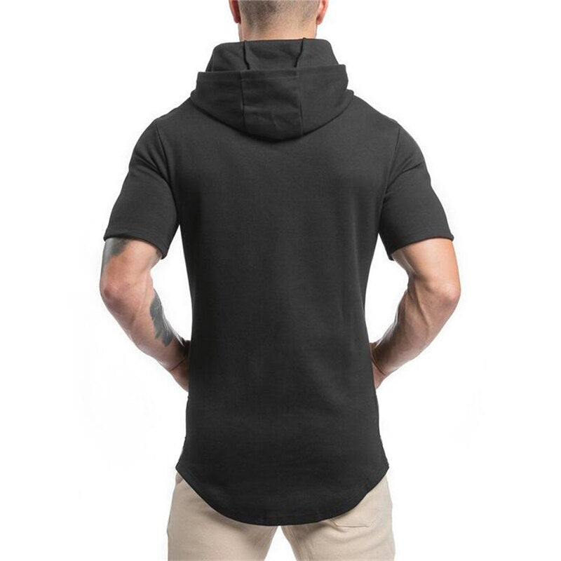 Mens Bodybuilding Hoodies Men Gyms Hooded Short Sleeve Fitness Clothing Muscle T Shirt Slim Solid Cotton Pullover Sweatshirt