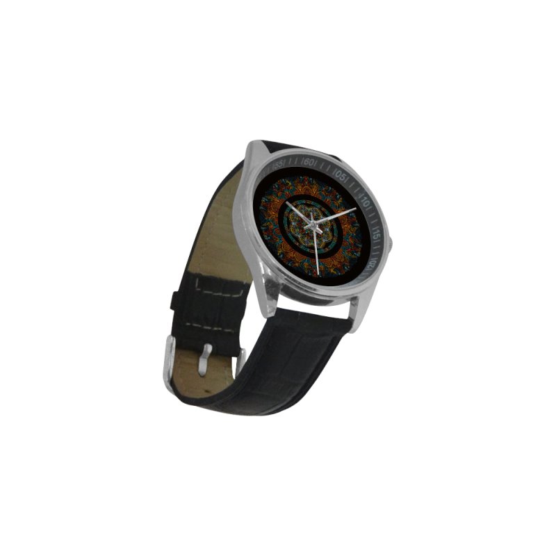 Men's Casual Leather Strap Watch (Model 211) Mandala Black&ColorMix