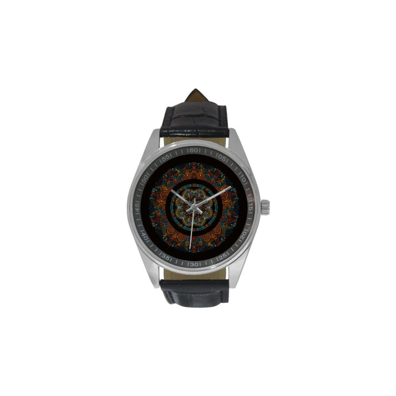 Men's Casual Leather Strap Watch (Model 211) Mandala Black&ColorMix