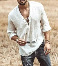 Men's Fashion Hippie Linen Shirt Casual Middle Sleeve V Neck Summer Beach Loose Tee Tops Solid Color T shirts 2020 New