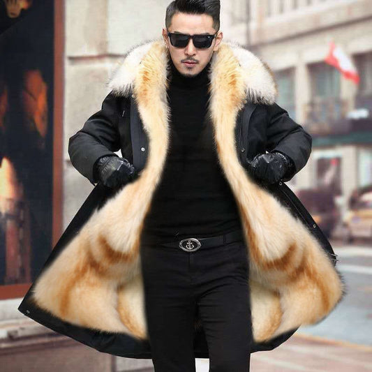 Men's Fur Coat Winter High Quality Fashion With Fur Hooded Lined Thick Warm Parkas Outerwear Mid-length With Long