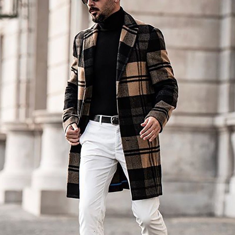 Men's Plaid Printed Mid-length Woolen Coat Fall Winter Fashion Casual High Street High Quality Suit Collar Men's Coat