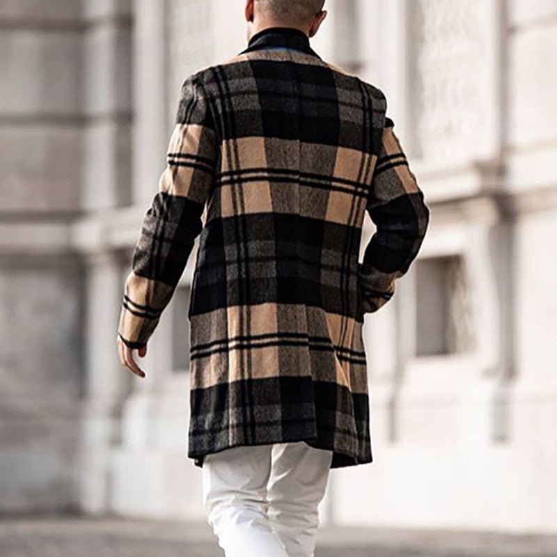 Men's Plaid Printed Mid-length Woolen Coat Fall Winter Fashion Casual High Street High Quality Suit Collar Men's Coat
