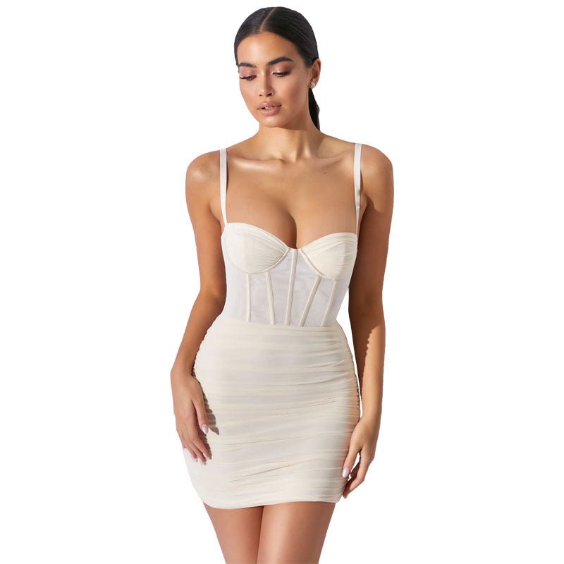 Mesh Pleated New Backless Fashion Suspender Women's Dress