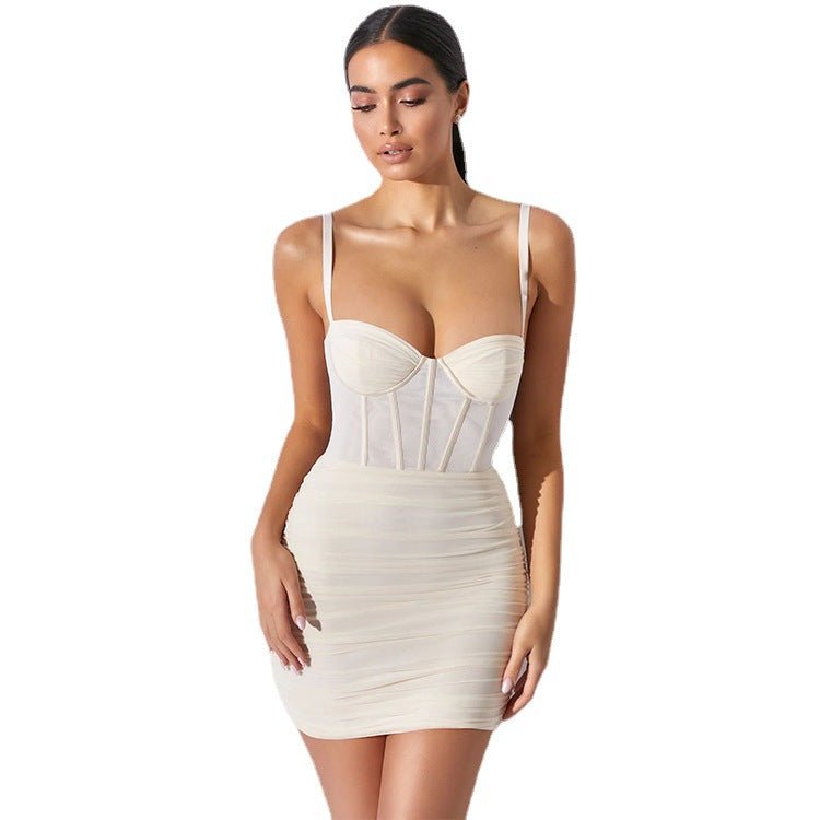 Mesh Pleated New Backless Fashion Suspender Women's Dress