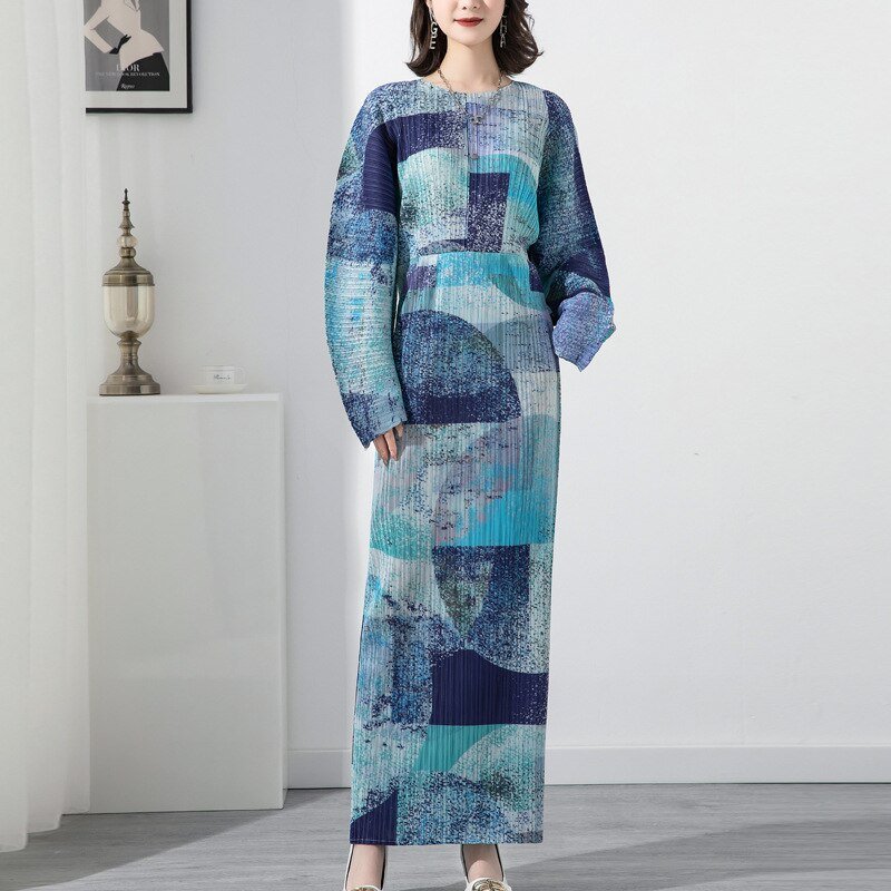 Miyake Pleated Long Skirt Women's New Western Style Loose Large Size Thin Printed Mid-Length Dress