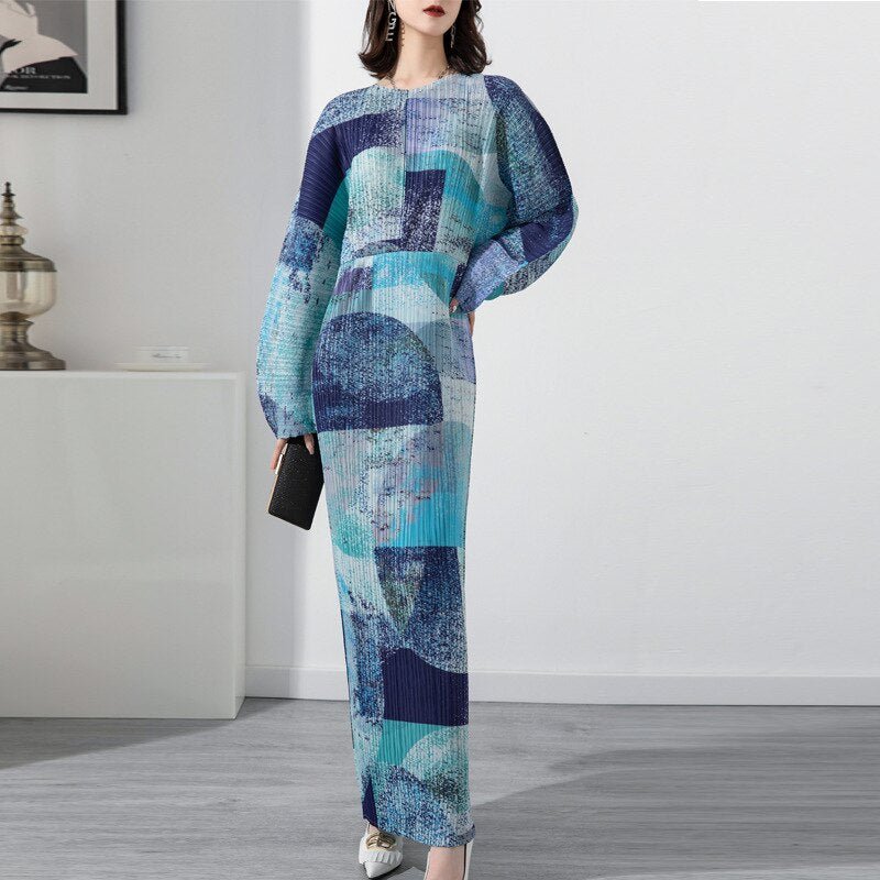 Miyake Pleated Long Skirt Women's New Western Style Loose Large Size Thin Printed Mid-Length Dress