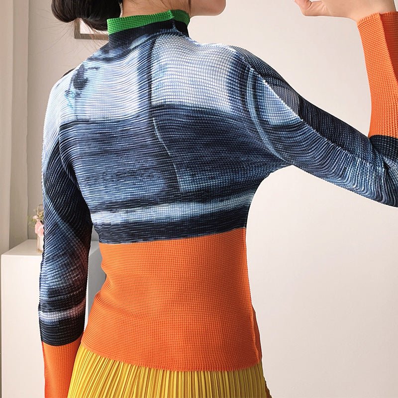 Miyake Pleated Long Sleeve Bottoming Shirt Women's Fashion Slim High Neck Orange Commuter Top