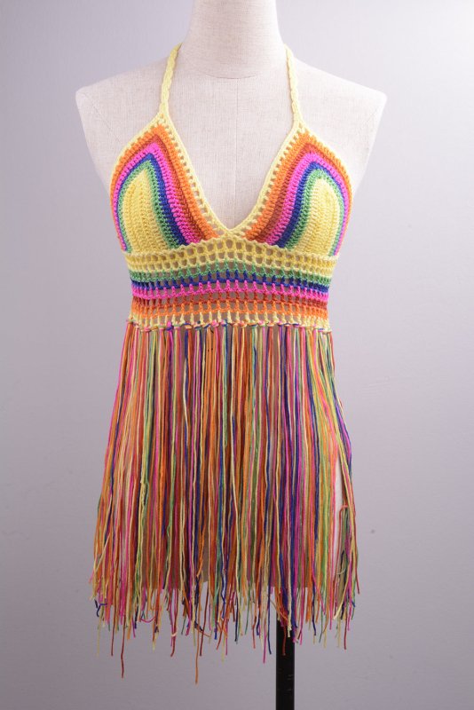Modern Outdoor Beach Pool Vacation Pure Hand Crocheting Woven Color Matching Tassel Swimsuit
