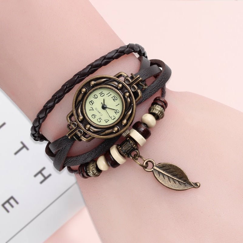 Multicolor High Quality Women Genuine Leather Vintage Quartz Dress Watch Bracelet Wristwatches leaf gift
