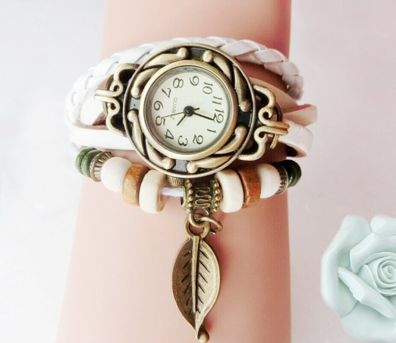 Multicolor High Quality Women Genuine Leather Vintage Quartz Dress Watch Bracelet Wristwatches leaf