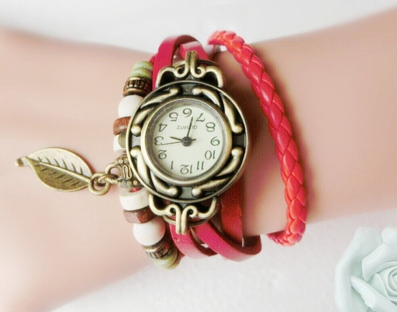 Multicolor High Quality Women Genuine Leather Vintage Quartz Dress Watch Bracelet Wristwatches leaf gift