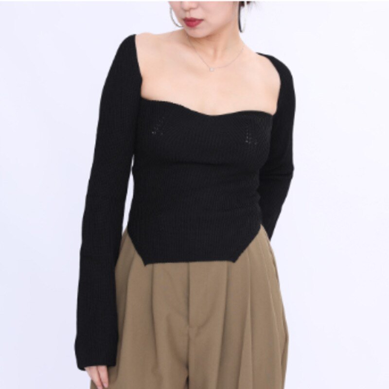 New Autumn sexy stylish sqaure collar full sleeves knitting pullover sexy slim T-shirt female top