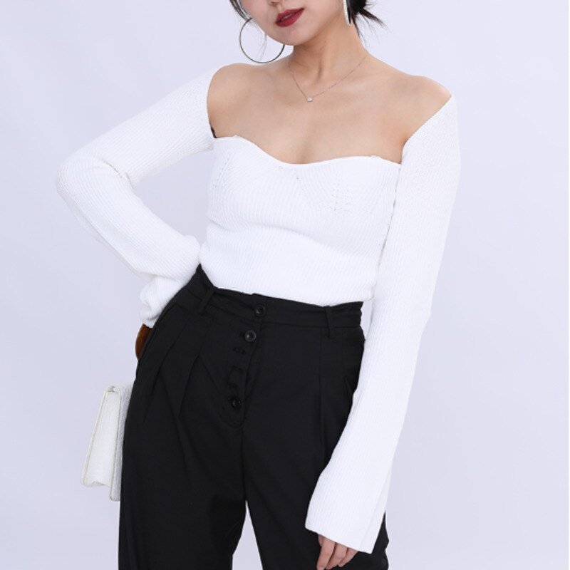 New Autumn sexy stylish sqaure collar full sleeves knitting pullover sexy slim T-shirt female top