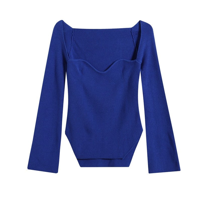 New Autumn sexy stylish sqaure collar full sleeves knitting pullover sexy slim T-shirt female top