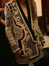 New Beaded Geometric Long Sleeves V - Neck Vintage Ladies Outwear fashion Overcoats - Premium Coats & Jackets for sale