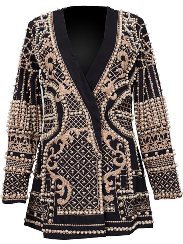New Beaded Geometric Autumn Winter Long Sleeves V-Neck Vintage Ladies Outwear vintage fashion Overcoats