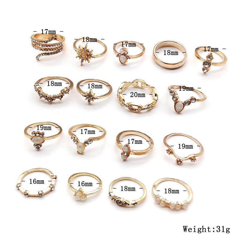 New Bohemian Style Ring 17 Piece Set with Diamond Set Ring Jewelry