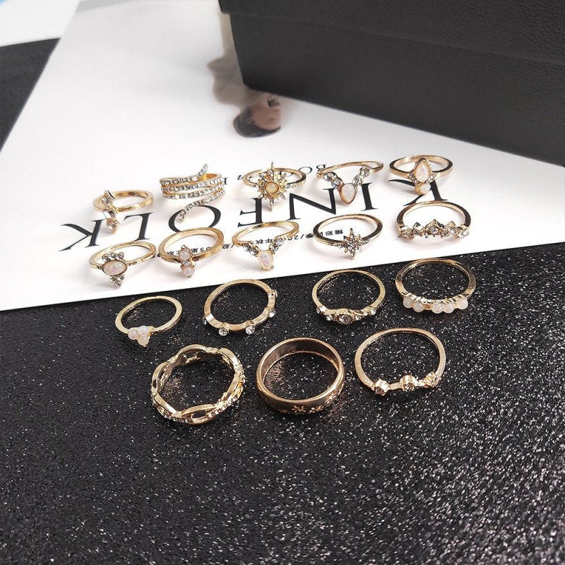 New Bohemian Style Ring 17 Piece Set with Diamond Set Ring Jewelry