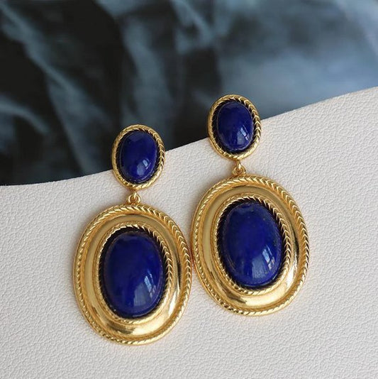 New design inlaid lapis lazuli oval hollow earrings exaggerated punk style retro ancient gold craftsmanship women's jewelry