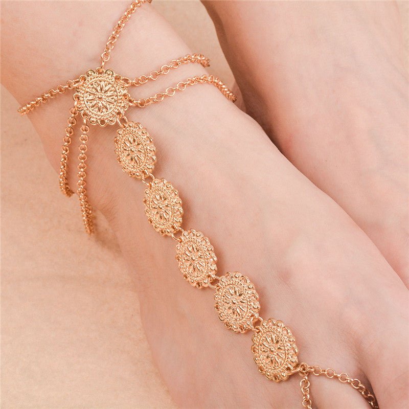 New Footwear Fashion Trendy Simple Metal Texture Carved Disc Beach Tassel Anklet