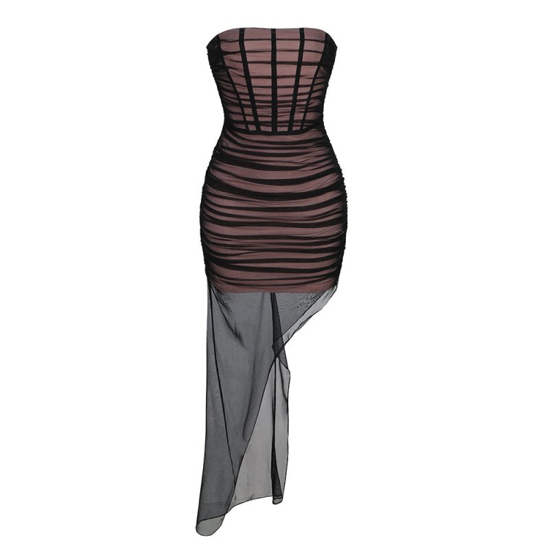Nightclub Long Skirt Stretch Mesh Pleated Spring And Summer Off-The-Shoulder Strapless Backpack Hip Party Dress