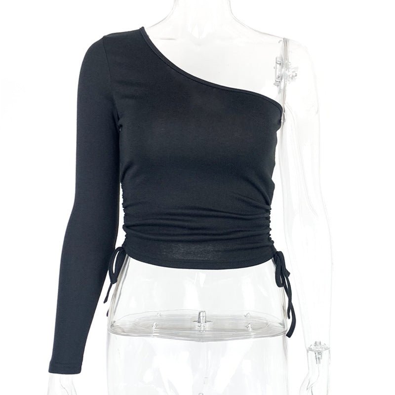 One-Shoulder Long Sleeve Slim Fit Cropped Outfit Top Women Autumn Drawstring Short T-shirt