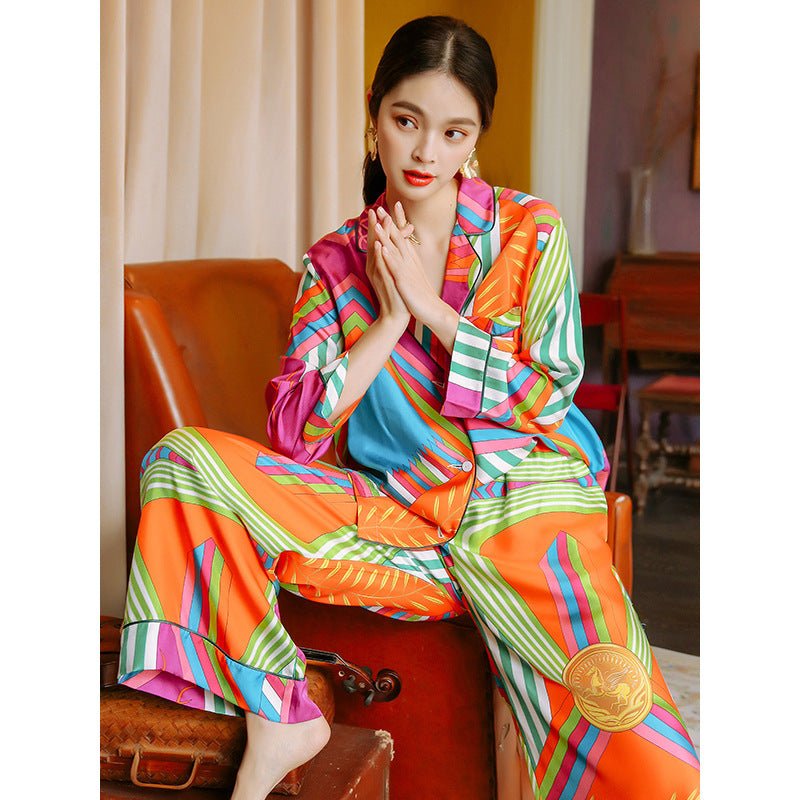 Pajamas Women's Spring And Autumn Long-Sleeved Trousers Thin Silk Ice Silk Suit Home Service Ladies Can Wear Two-Piece Suit