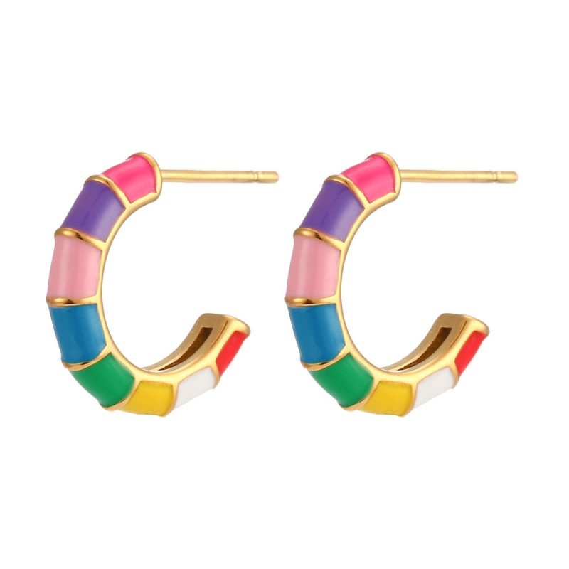 Personality Trend Earrings Jewelry Women Stainless Steel Plated 18K Colorful Oil Necklace Wheel C Shaped Ear Studs