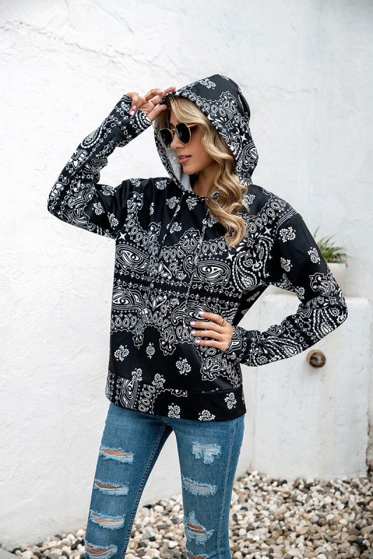 Personalized Bohemian Printed Top Women Wear Hooded Fleece Lined Sweater