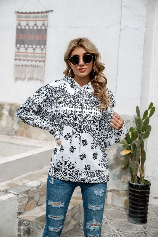 Personalized Bohemian Printed Top Women Wear Hooded Fleece Lined Sweater