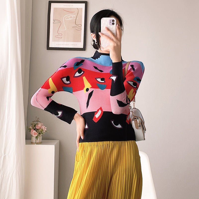 Pleated Print Tops Small Shirts Women's Autumn High Neck Slim Design Sense Bottoming Shirts Long Sleeves