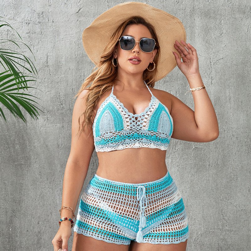 plus Size Hand Crocheting Hollow Out Cutout out Strap Split Swimsuit Suit Spring Vacation