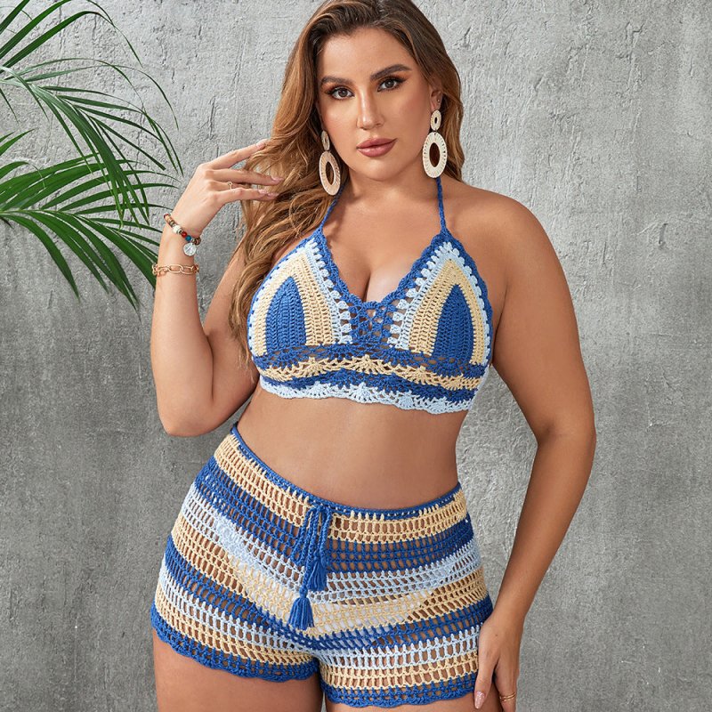 plus Size Hand Crocheting Hollow Out Cutout out Strap Split Swimsuit Suit Spring Vacation