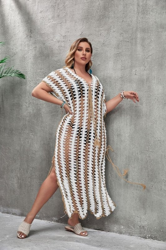 Plus Size Hand Crocheting Hollow Out Cutout Sexy Beach Color Matching Dress Sun Protective Blouse Women
