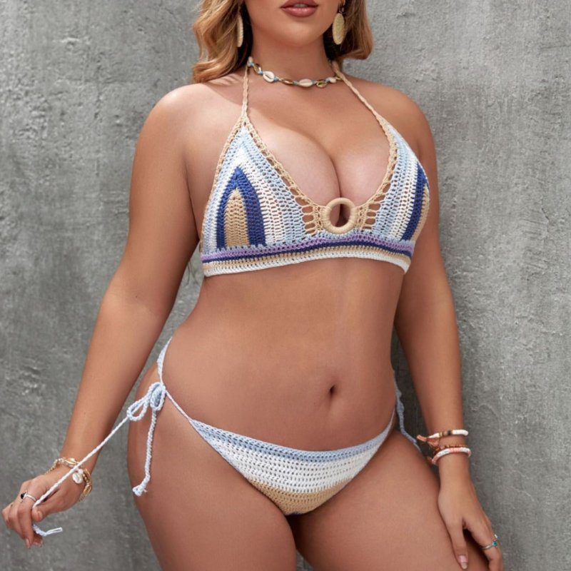 plus Size Split Hollow Out Cutout Beach Vacation Hand Crocheting Bikini Sexy Suit