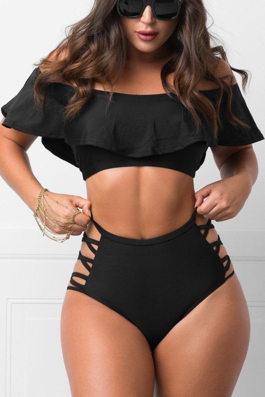 Plus Size Split Swimsuit Women Ruffled off-Shoulder Sexy Tight Solid Color Swimsuit