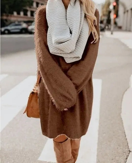 Plush Pullover Long Sweater Women Yellow Black Pink Christmas Sweater Dress - Premium Dresses for sale