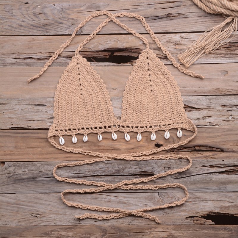 Popular Beach Vacation Hollow Out Hollow Out Cutout Pure Hand-Woven Shell Bikini Swimsuit Tops Women