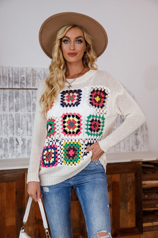 Popular Casual Loose Pullover Multicolor Long-Sleeved Sweater round Neck Crochet All-Matching Clothing