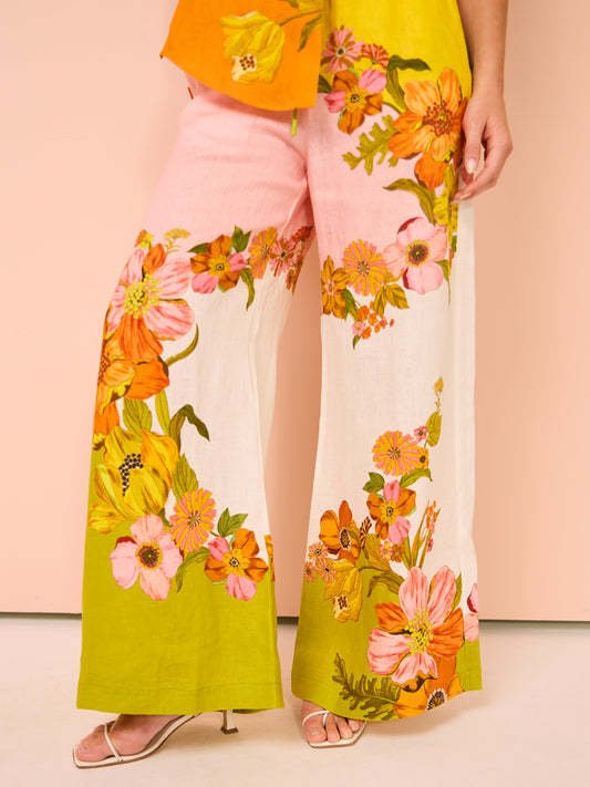 Printed Cotton Linen Two-Piece Suit Outfit Top Wide Leg Pants