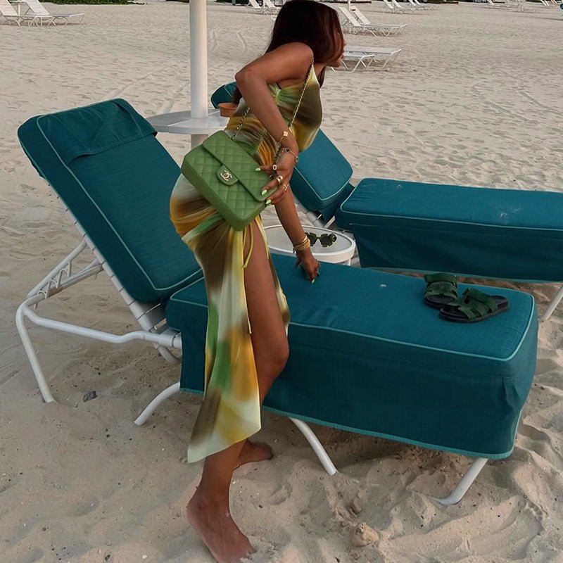 Printed Mesh See through Sexy Sleeveless round Neck Sheath Split Dress Beach Vacation Trendy Women