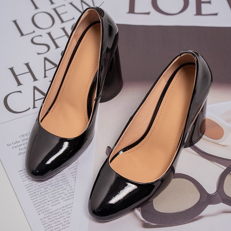 Pumps Woman Super High Heel Spring New Style Shoes Round Toe Thick Heel Patent Genuine Leather Party Heels Plus Size