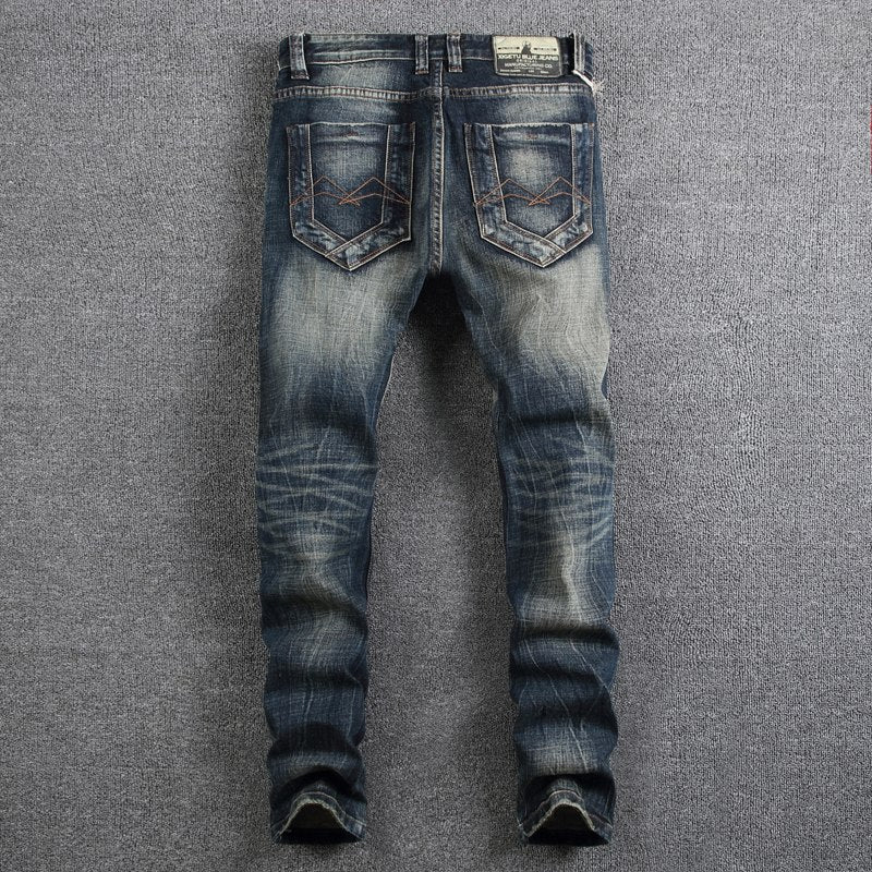 Retro Design Fashion Mens Jeans High Quality Nostalgia Wash Slim Fit Denim Ripped Jeans For Men Brand Streetwear Biker Jeans