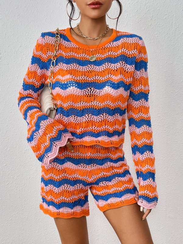 Round neck striped women&#39;s sweater, two-piece set