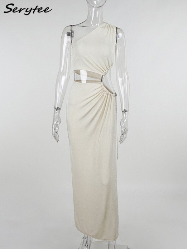 Serytee One Shoulder Beach Cover Up Dress - Sexy Boho Style, White, High Split, Long Length, 2022 Sundress