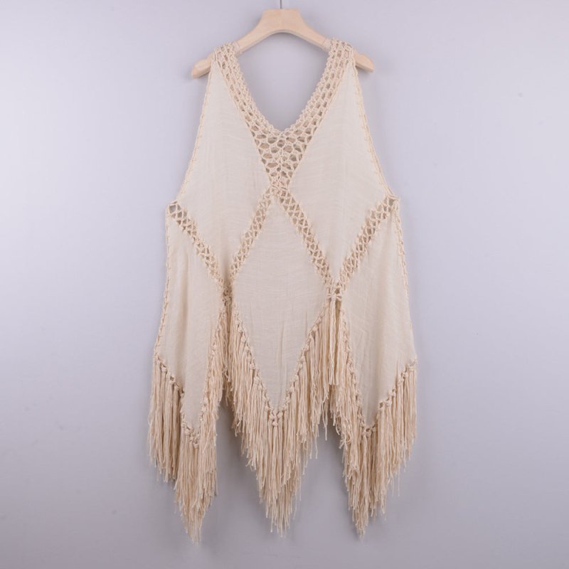 Sexy Hand Crocheting Patchwork Top Loose-Fitting Tassel Vacation Beach Cover-up Sun Protection Clothing